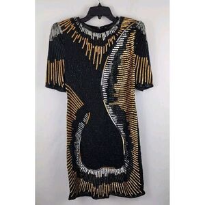 Vtg Silk Beaded Sequins Dress Black Gold Silver Size Small